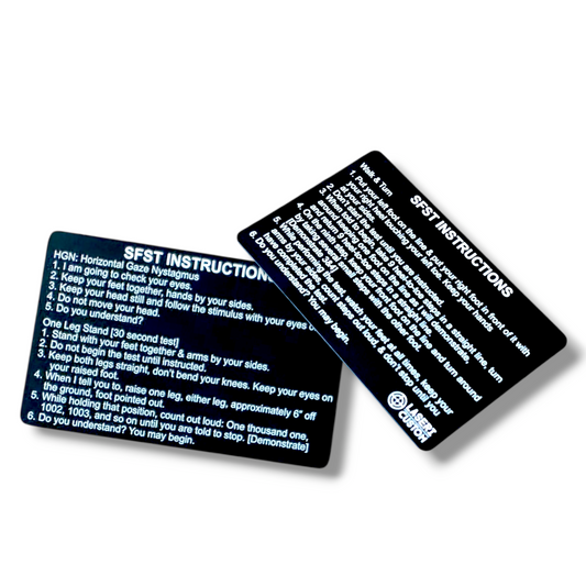 Laser-engraved aluminum SFST instruction cards for law enforcement, featuring Horizontal Gaze Nystagmus and Walk & Turn test steps in white text on black metal