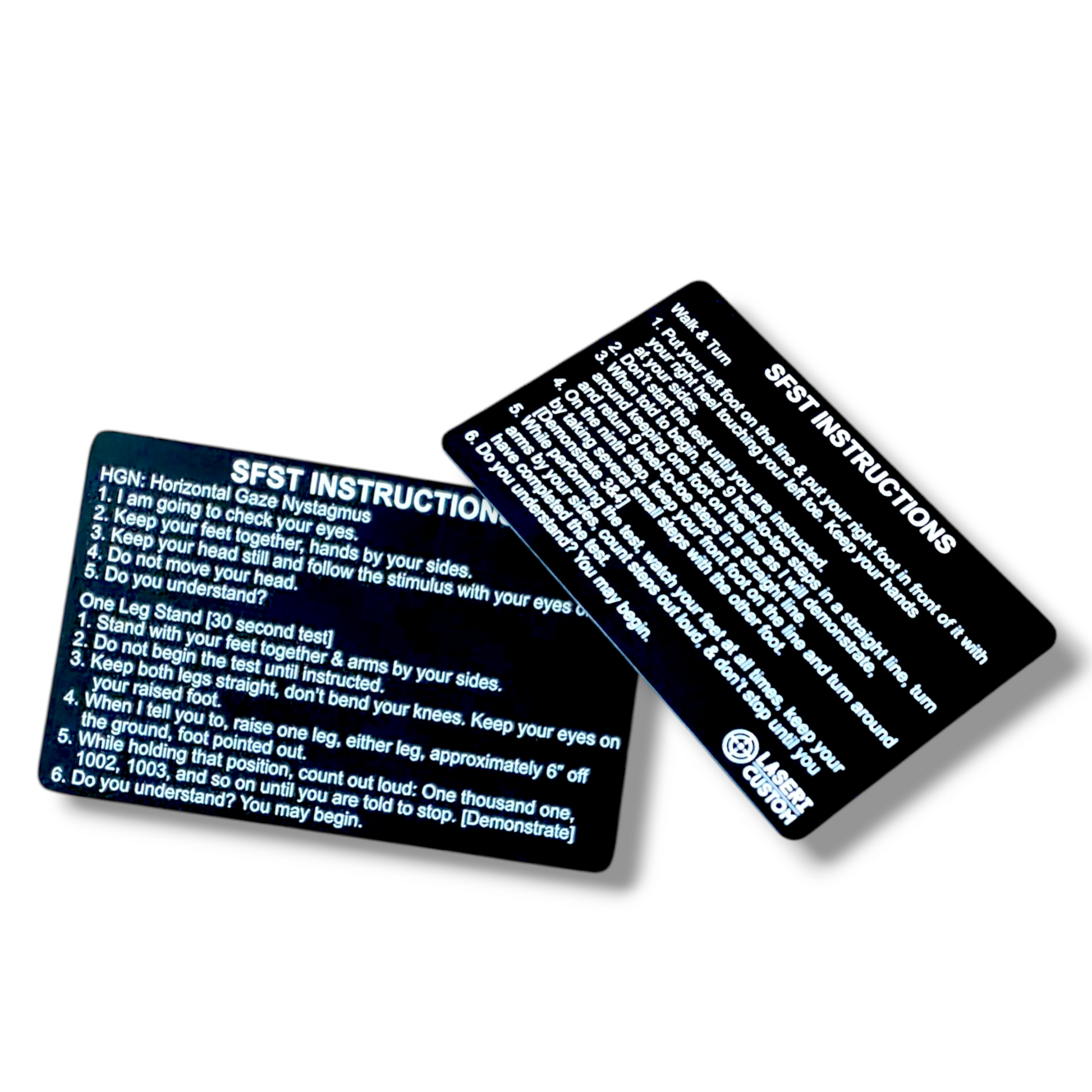 Laser-engraved aluminum SFST instruction cards for law enforcement, featuring Horizontal Gaze Nystagmus and Walk & Turn test steps in white text on black metal